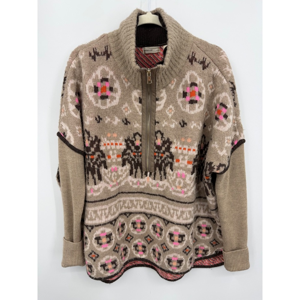Sleeping on Snow Anthropologie Quarter Zip Sweater Women M/L Tan Fair Isle Wool